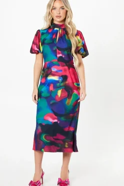 Petite Printed Puff Sleeve Midi Dress