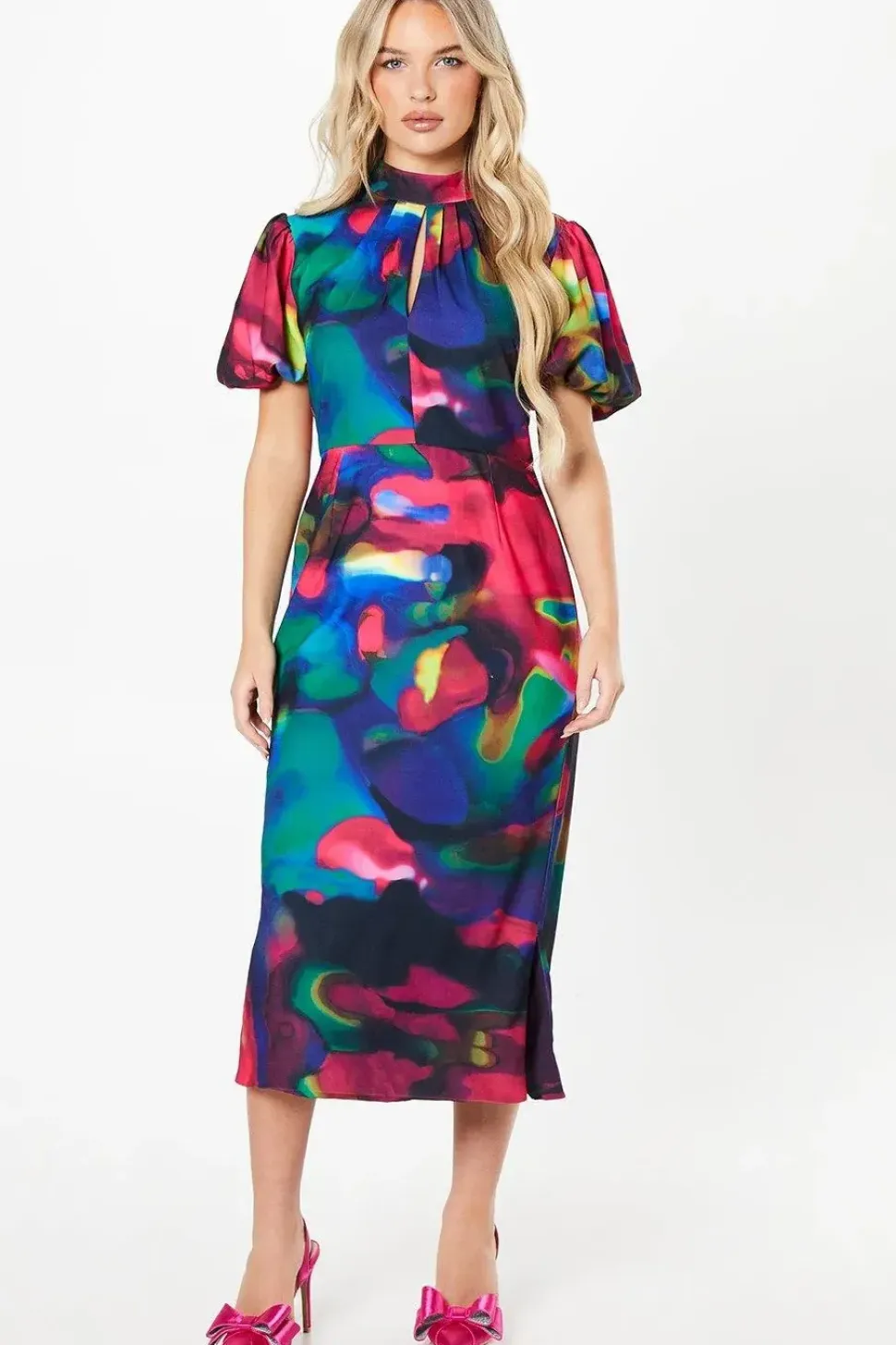 Petite Printed Puff Sleeve Midi Dress