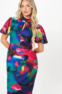 Petite Printed Puff Sleeve Midi Dress