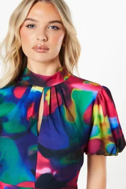 Petite Printed Puff Sleeve Midi Dress