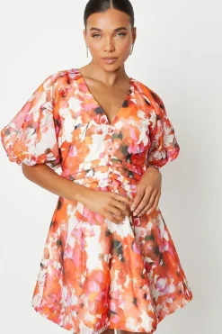 Petite Printed Puff Sleeve Organza Mini Dress