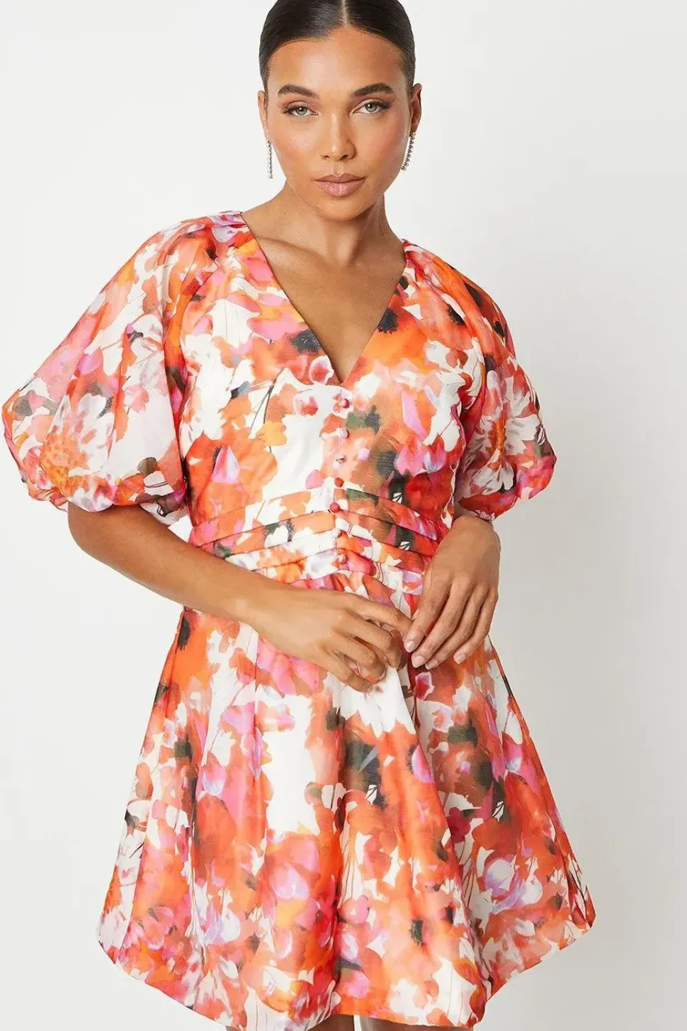 Petite Printed Puff Sleeve Organza Mini Dress