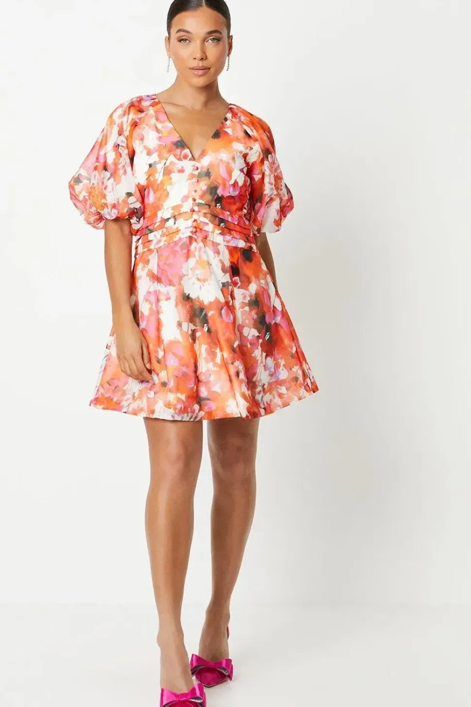 Petite Printed Puff Sleeve Organza Mini Dress