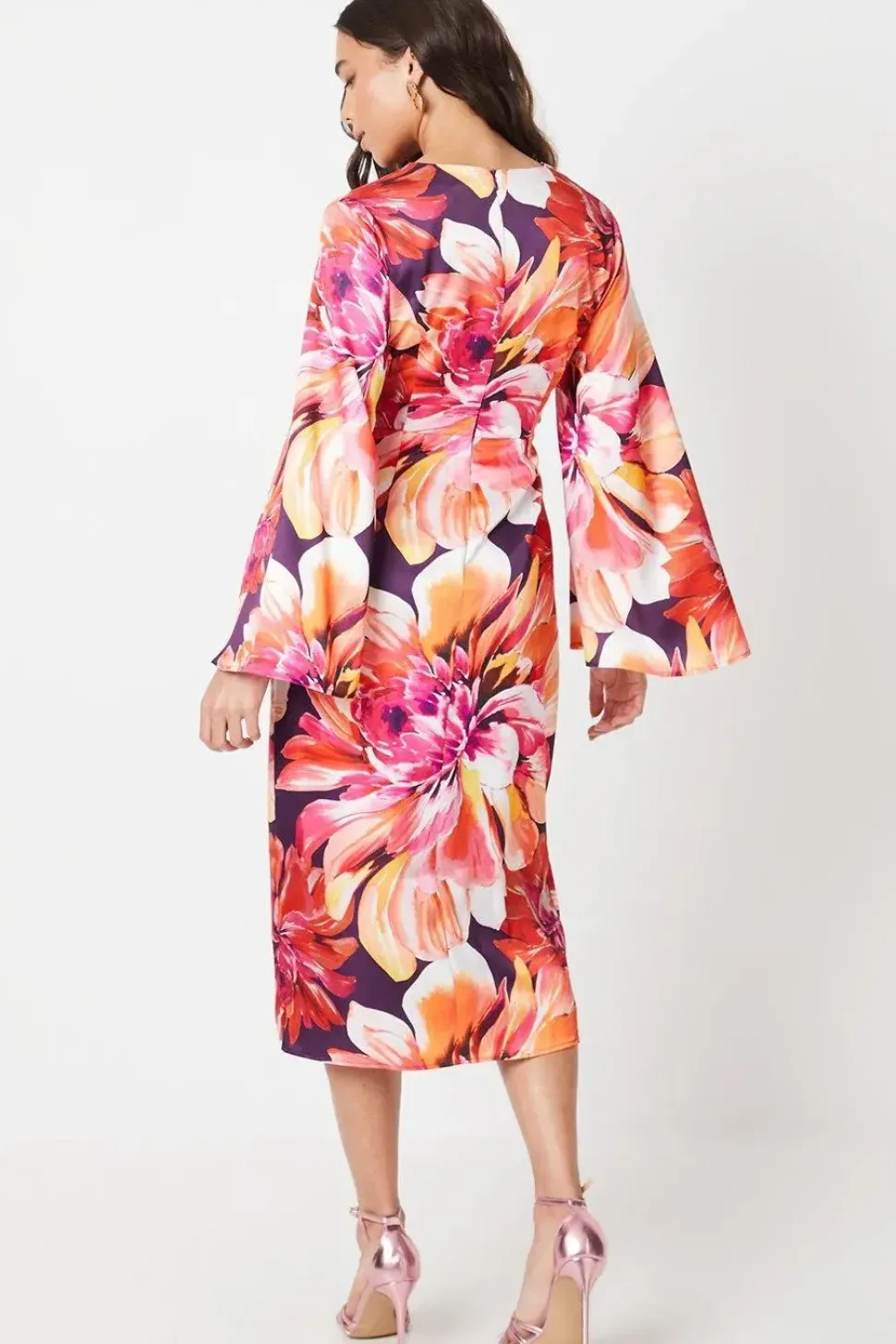 Petite Printed Satin Wrap Dress With Flare Sleeve