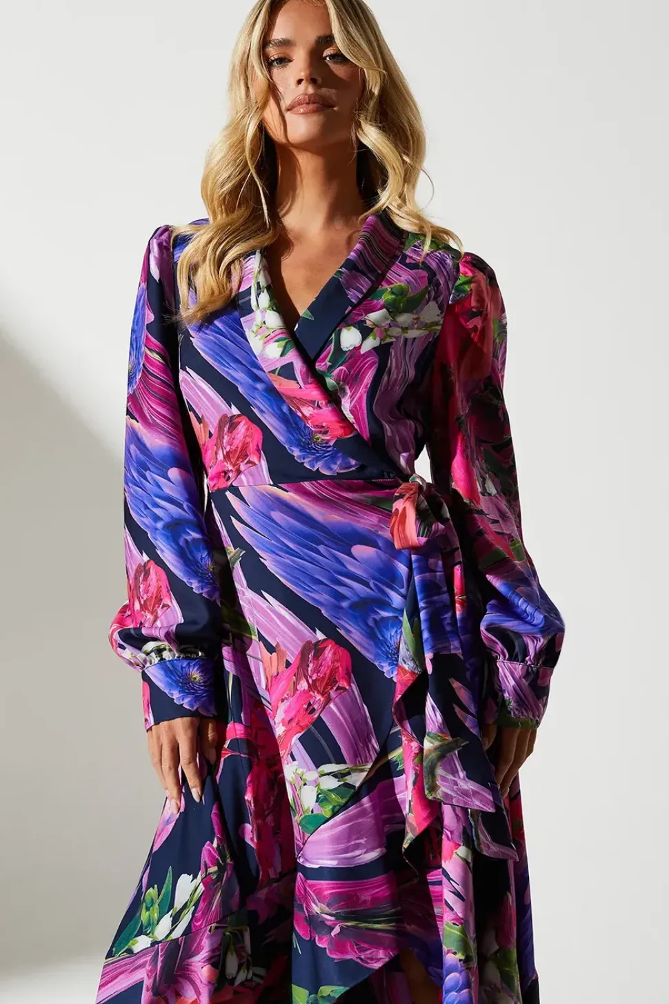 Petite Printed Satin Wrap Wedding Guest Dress