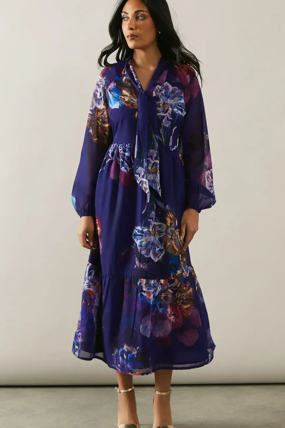 Petite Printed Tie Neck Tiered Maxi Dress