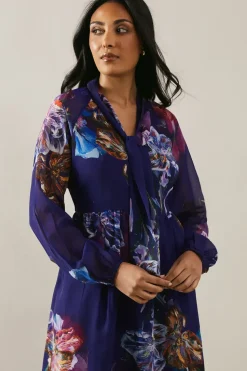 Petite Printed Tie Neck Tiered Maxi Dress