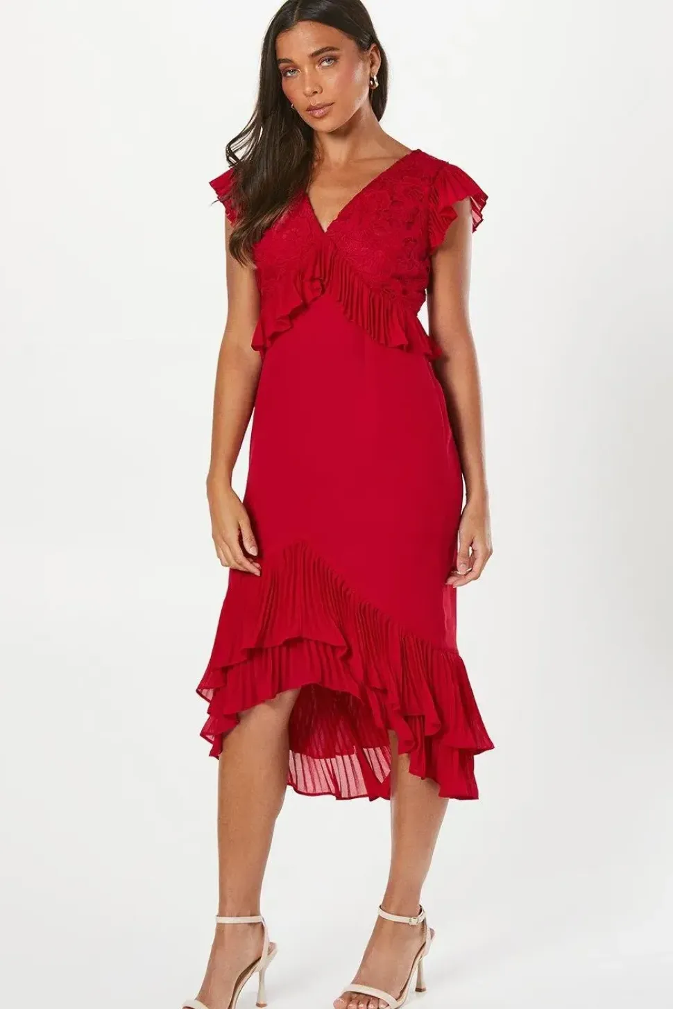 Petite Printed V Neck Ruffle Georgette Midi Dress