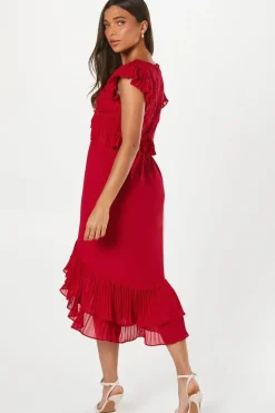 Petite Printed V Neck Ruffle Georgette Midi Dress