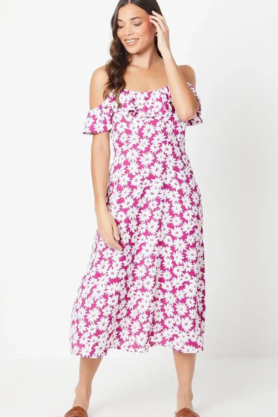 Petite Purple Floral Ruffle Strappy Bardot Midi Dress