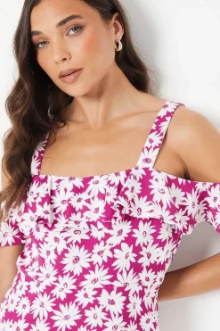 Petite Purple Floral Ruffle Strappy Bardot Midi Dress