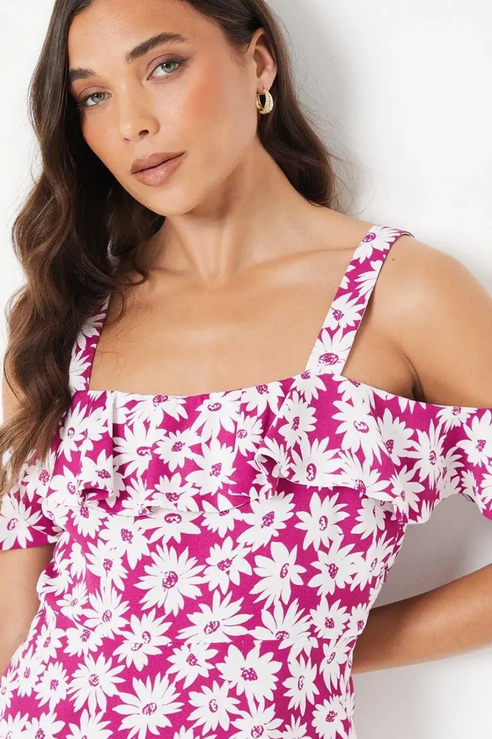 Petite Purple Floral Ruffle Strappy Bardot Midi Dress