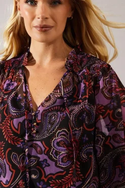 Petite Purple Paisley Tie Neck Shirred Blouse