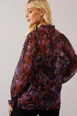 Petite Purple Paisley Tie Neck Shirred Blouse
