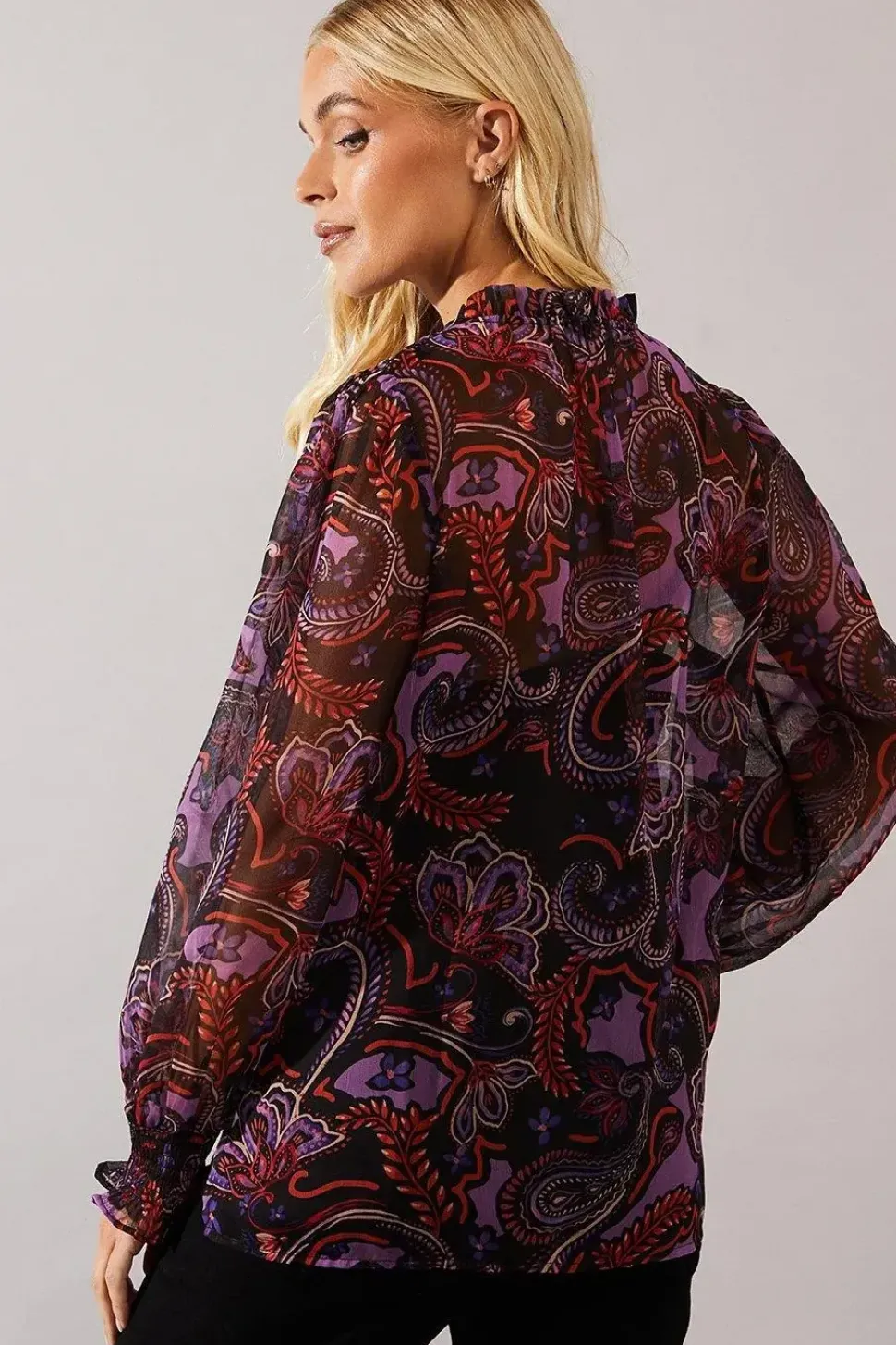 Petite Purple Paisley Tie Neck Shirred Blouse