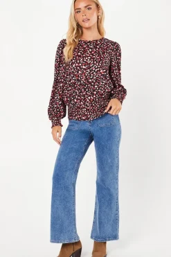 Petite Red Animal Shirred Hem Blouse