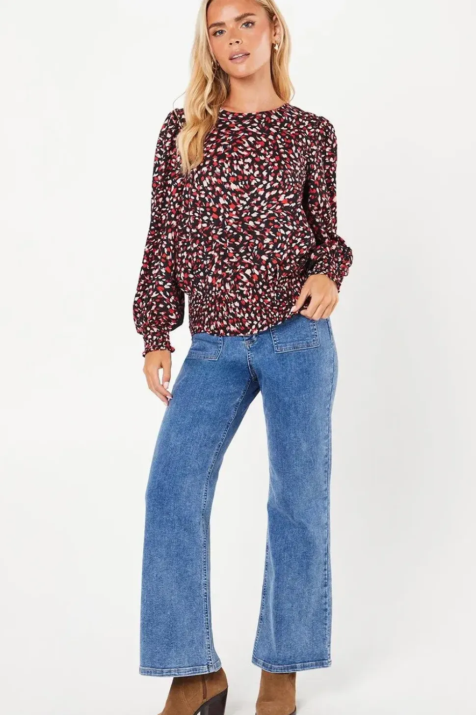 Petite Red Animal Shirred Hem Blouse