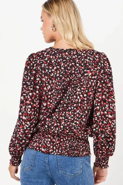 Petite Red Animal Shirred Hem Blouse