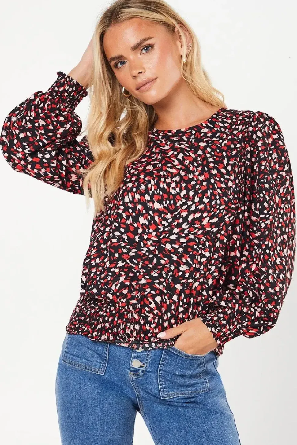 Petite Red Animal Shirred Hem Blouse