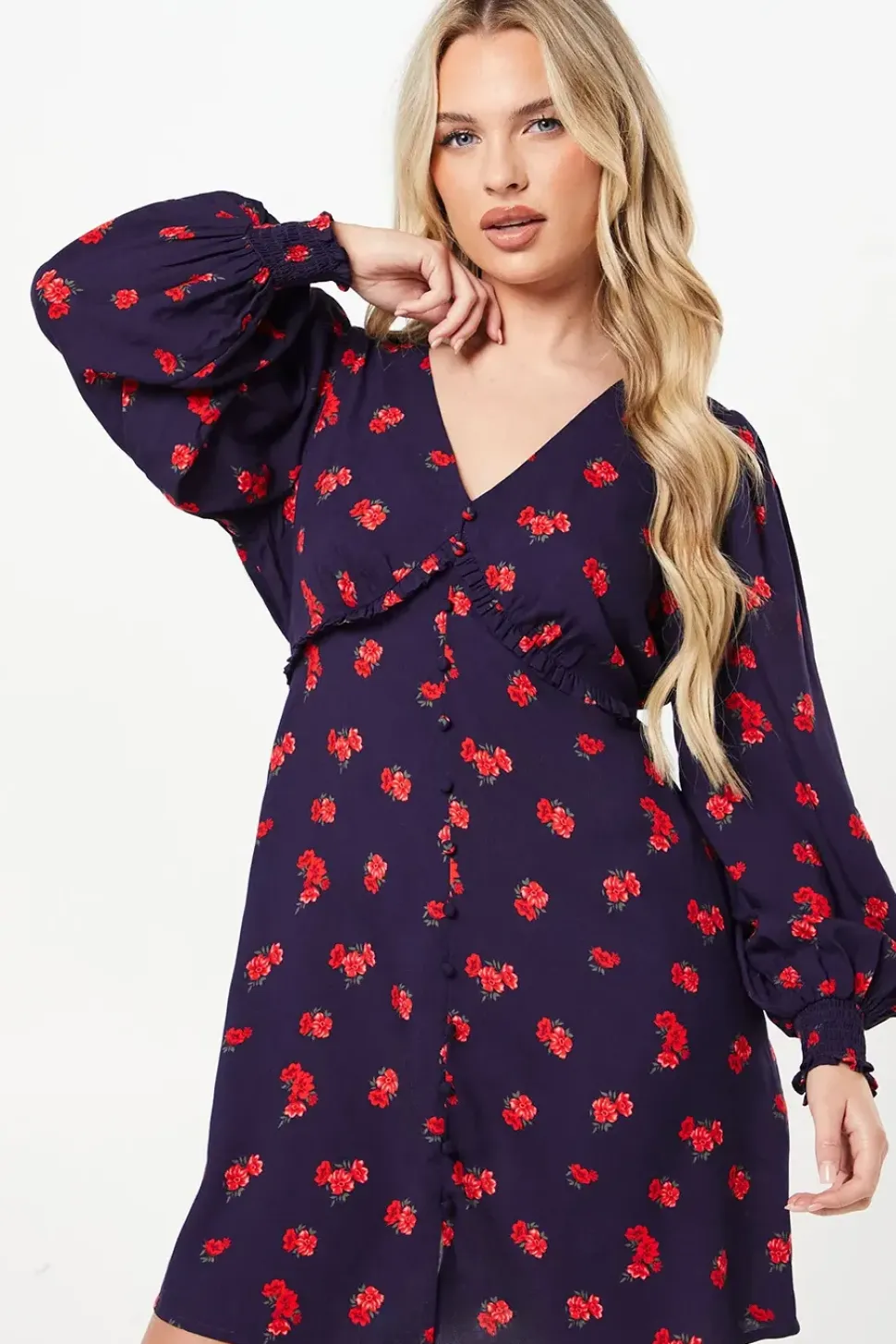 Petite Red Ditsy Floral Button Front Mini Dress