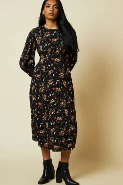 Petite Red Ditsy Floral Shirred Cuff Midi Dress