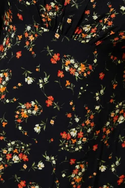 Petite Red Ditsy Floral Shirred Cuff Midi Dress