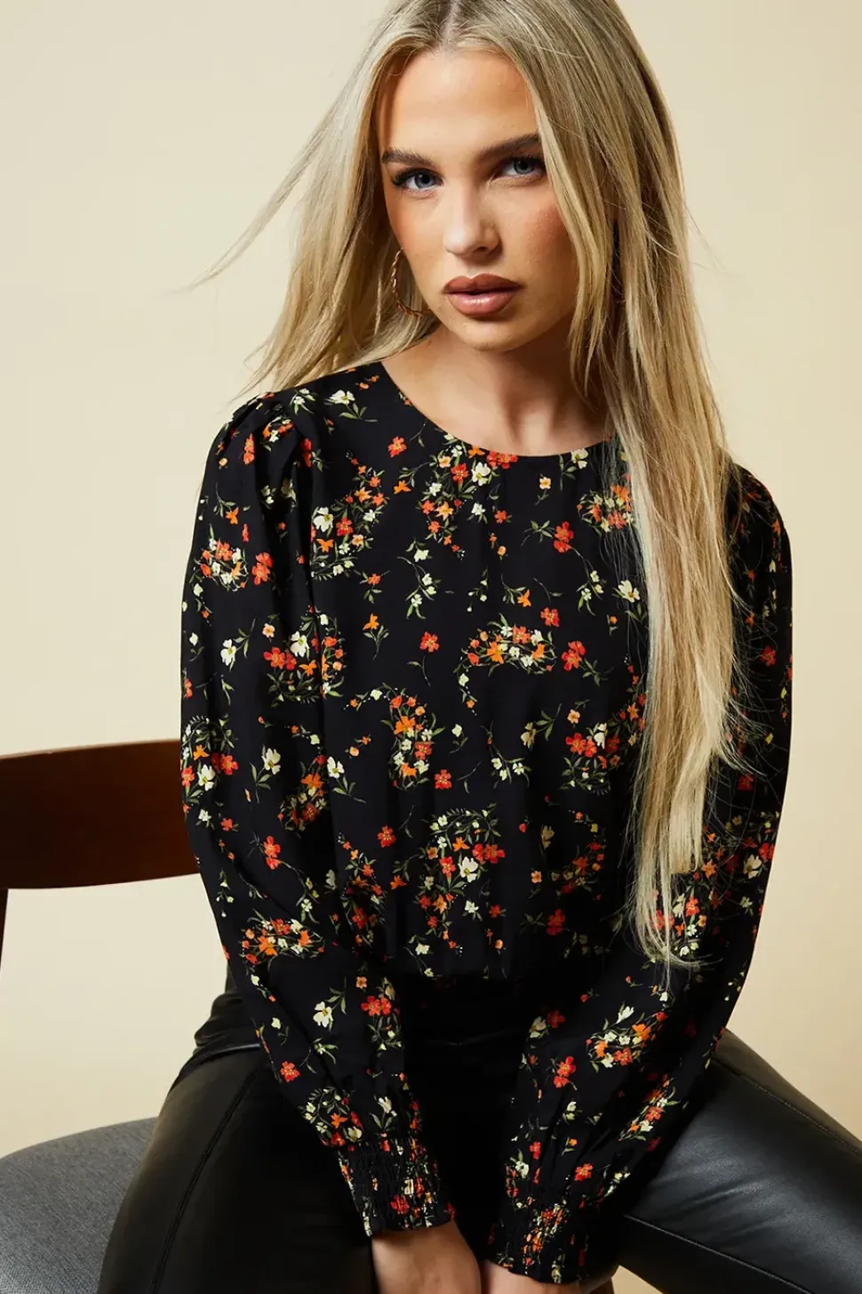 Petite Red Ditsy Shirred Hem Top
