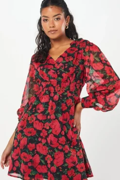 Petite Red Floral Chiffon Shirred Waist Long Sleeve Mini Dress