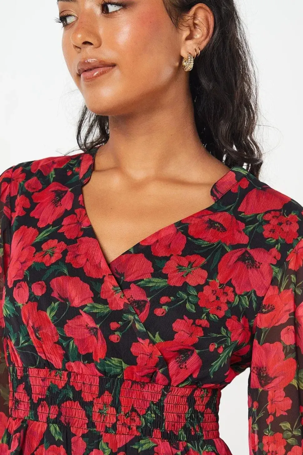 Petite Red Floral Chiffon Shirred Waist Long Sleeve Mini Dress