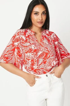 Petite Red Floral Flute Sleeve Blouse