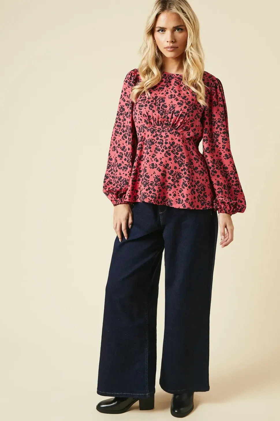 Petite Red Floral Long Sleeve Tea Blouse