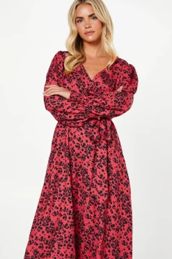 Petite Red Floral Long Sleeve Wrap Midi Dress