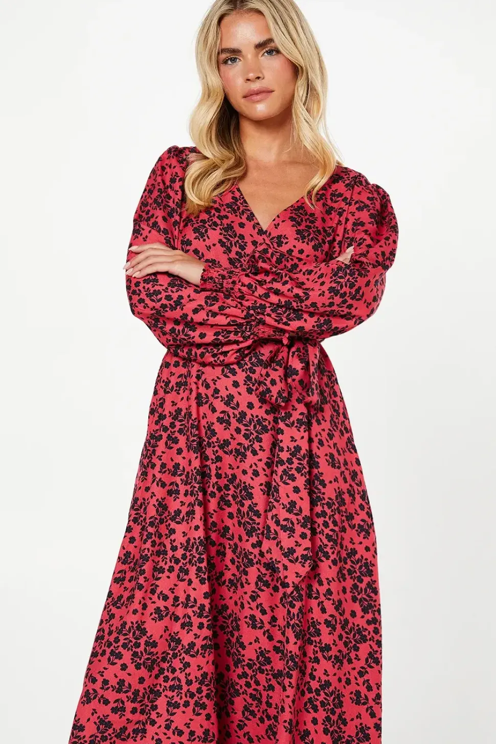 Petite Red Floral Long Sleeve Wrap Midi Dress