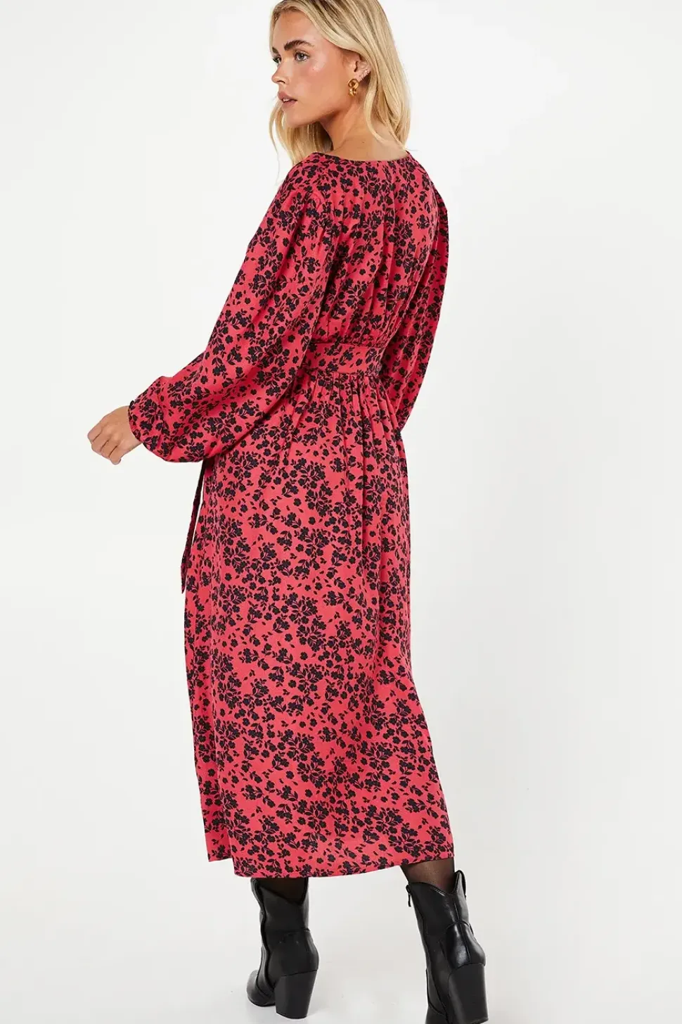 Petite Red Floral Long Sleeve Wrap Midi Dress
