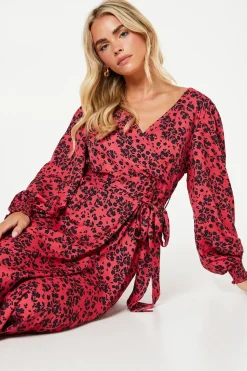 Petite Red Floral Long Sleeve Wrap Midi Dress