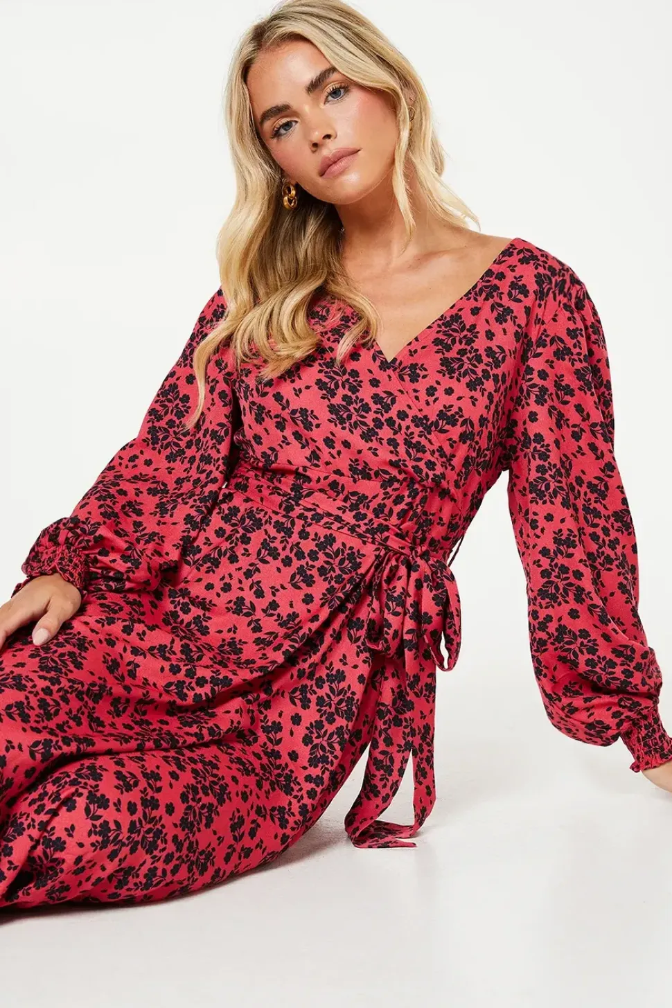 Petite Red Floral Long Sleeve Wrap Midi Dress