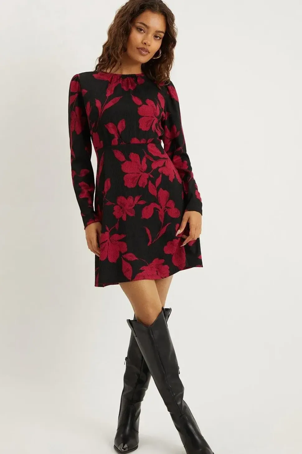 Petite Red Floral Puff Sleeve Fit And Flare Mini Dress