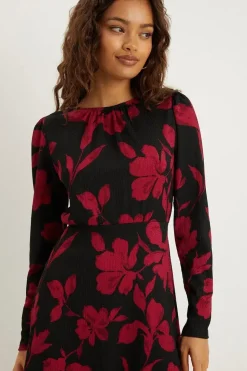 Petite Red Floral Puff Sleeve Fit And Flare Mini Dress