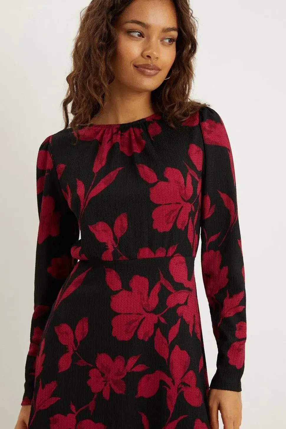 Petite Red Floral Puff Sleeve Fit And Flare Mini Dress