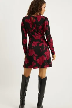 Petite Red Floral Puff Sleeve Fit And Flare Mini Dress