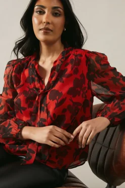 Petite Red Floral Pussybow Blouse