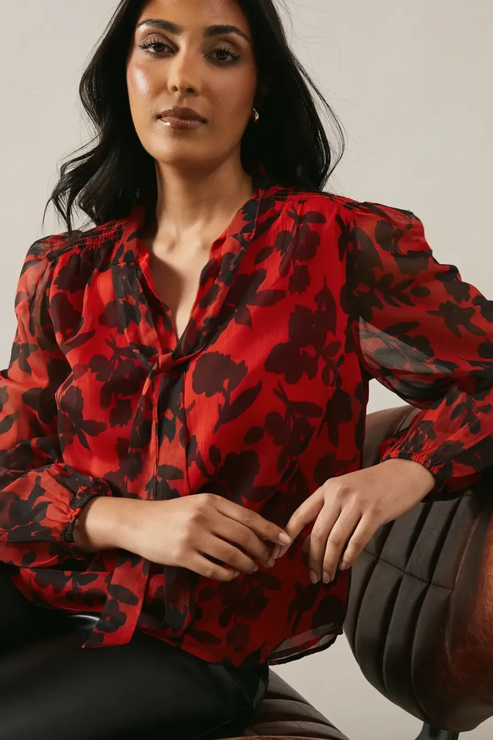 Petite Red Floral Pussybow Blouse
