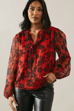 Petite Red Floral Pussybow Blouse