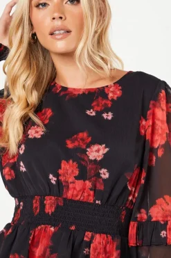 Petite Red Floral Ruffle Long Sleeve Chiffon Blouse