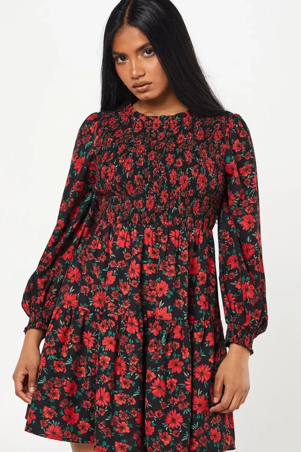 Petite Red Floral Shirred Bodice Mini Dress