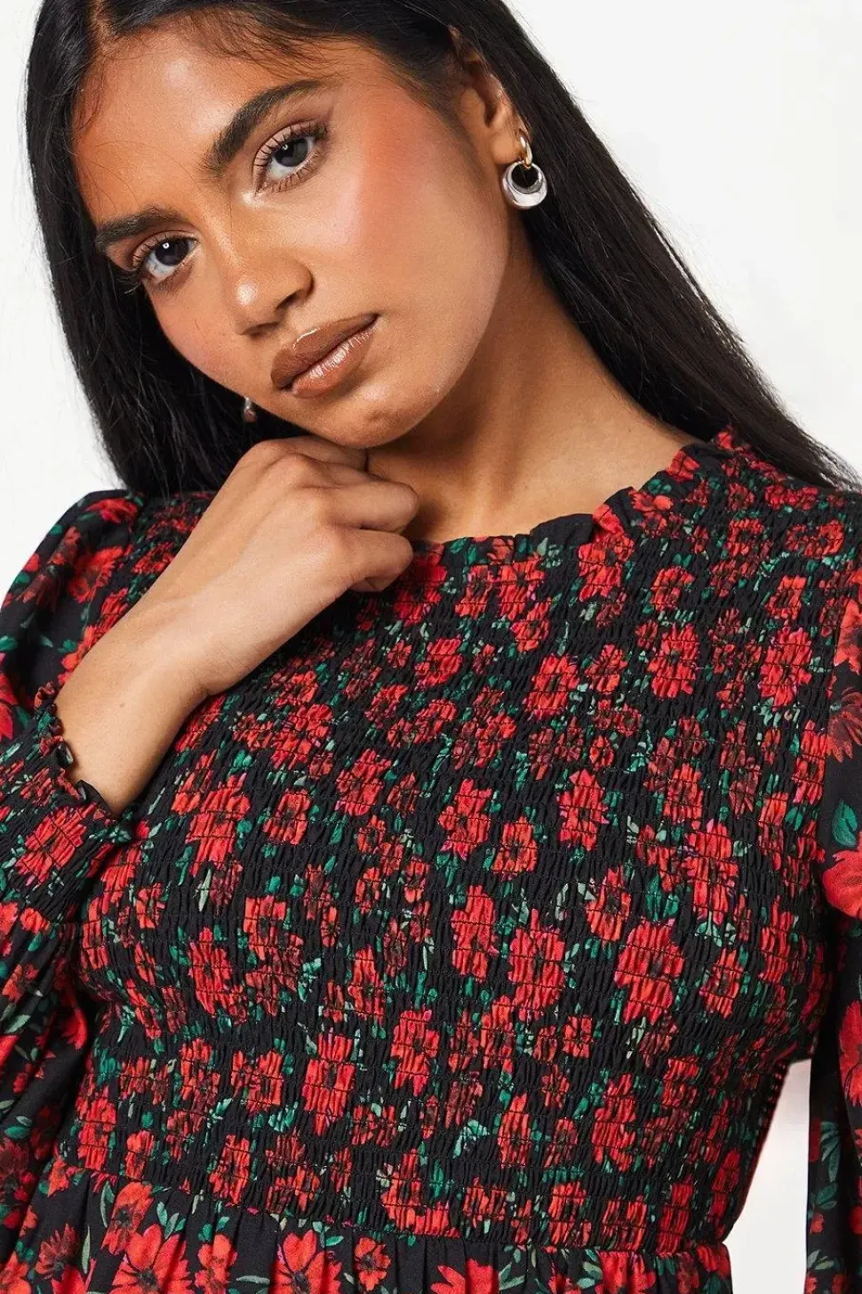 Petite Red Floral Shirred Bodice Mini Dress