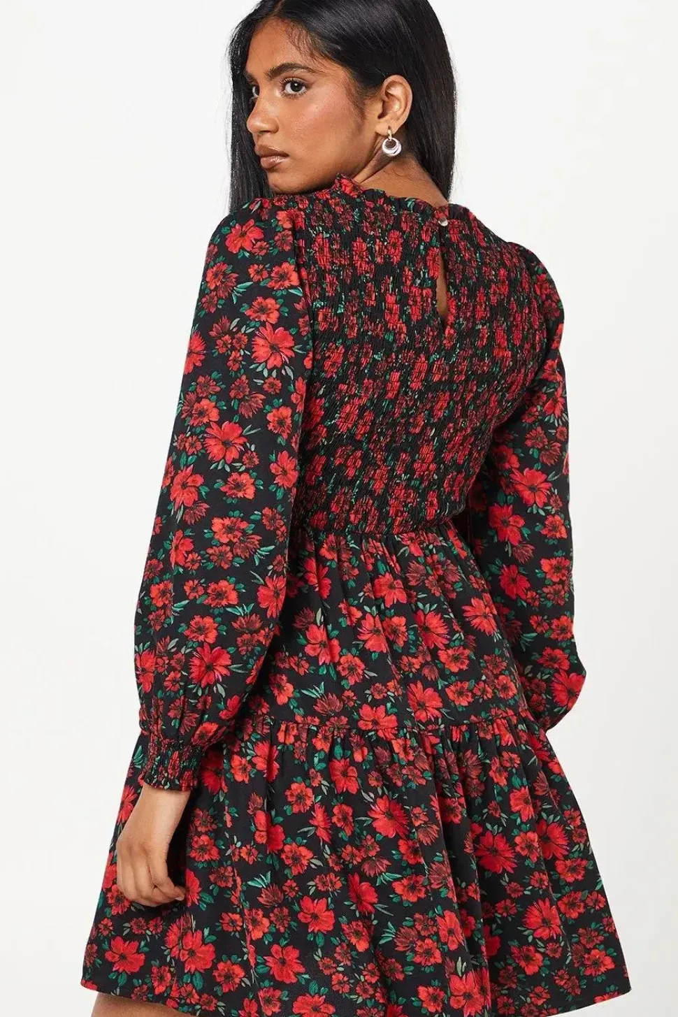 Petite Red Floral Shirred Bodice Mini Dress