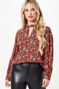 Petite Red Rose Ditsy Keyhole Blouse
