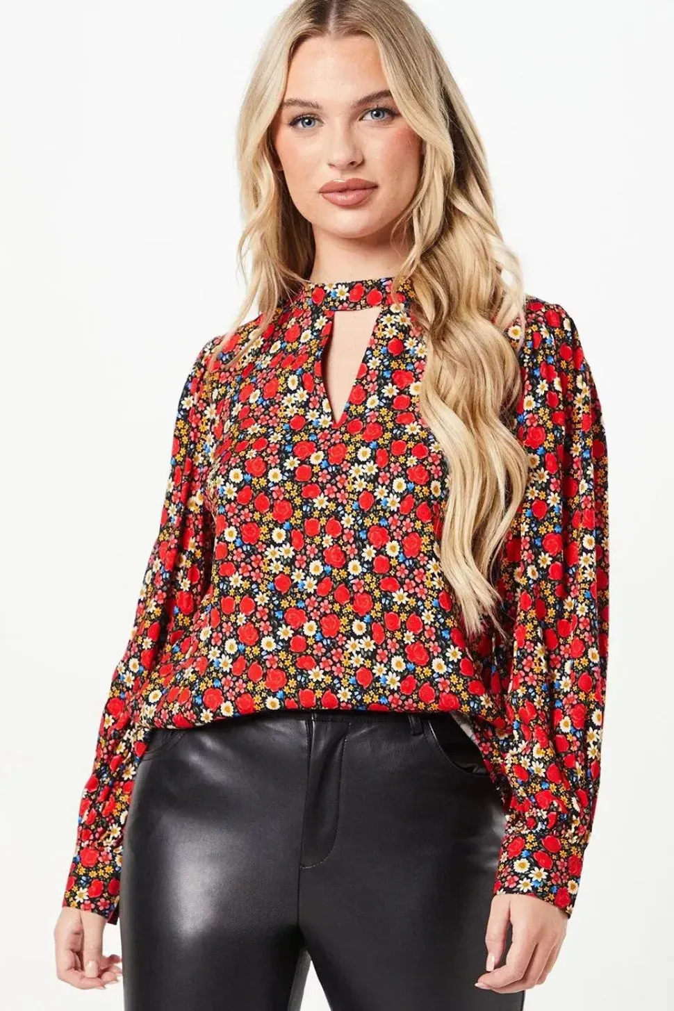Petite Red Rose Ditsy Keyhole Blouse