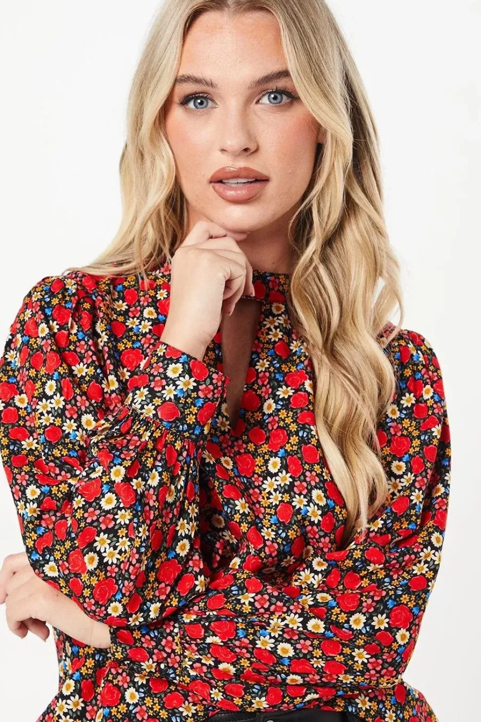 Petite Red Rose Ditsy Keyhole Blouse